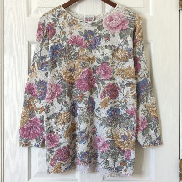 Denim Republic 80's Vintage Floral Printed Jacquard Knit Round Neck Sweater S - Picture 1 of 10